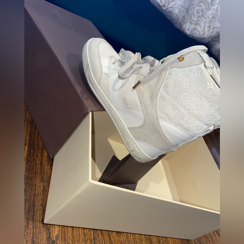 Louis Vuitton Off White Monogram Suede and Leather Cliff Top Wedge Sneakers